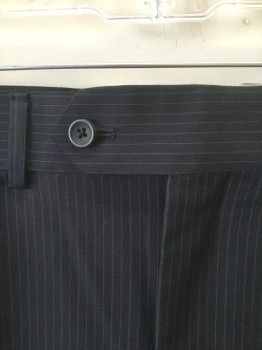 GEOFFREY BEENE, Charcoal Gray, Slate Blue, Gray, Polyester, Rayon, Stripes - Pin, Charcoal with Slate Blue and Gray Pinstripes, Single Pleated, Button Tab Waist, Zip Fly, 4 Pockets