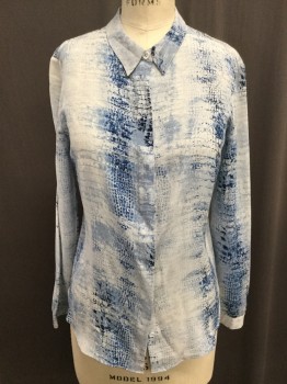 MARNA RO, White, Royal Blue, Lt Blue, Navy Blue, Silk, Reptile/Snakeskin, Faded Out Reptile Print, Button Front, Hidden Placket, Long Sleeves, Collar Attached,