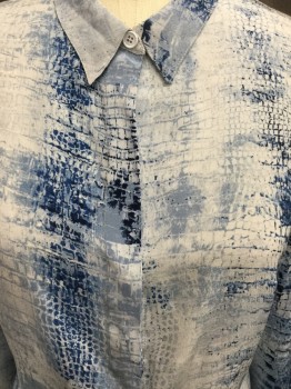 MARNA RO, White, Royal Blue, Lt Blue, Navy Blue, Silk, Reptile/Snakeskin, Faded Out Reptile Print, Button Front, Hidden Placket, Long Sleeves, Collar Attached,