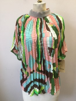 GRACIA, Peach Orange, Aqua Blue, Brown, Cream, Lime Green, Polyester, Metallic/Metal, Abstract , Geometric, Stand Collar with Silver Beaded Applique Band, Button Back Neck, Sunray Pleating, Short Sleeves,