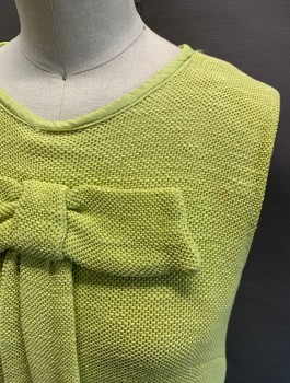 N/L, Chartreuse Green, Cotton, Solid, Sleeveless, Mini Dress, Center Back Zipper, Large Bow with Long Ties Center Front, Round Neck