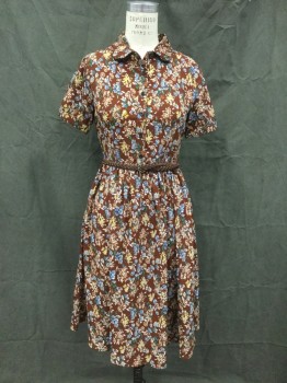 ACEVOG, Coffee Brown, Blue, Tan Brown, Green, Brown, Rayon, Spandex, Floral, Coffee Brown with Floral Pattern, Button Front Top, Rounded Collar Attached, Short Sleeves with Cuff, Side Zip, Gathered Skirt, Hem Below Knee, with Dark Brown Braided Belt, Doubles