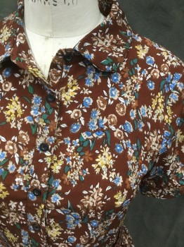 ACEVOG, Coffee Brown, Blue, Tan Brown, Green, Brown, Rayon, Spandex, Floral, Coffee Brown with Floral Pattern, Button Front Top, Rounded Collar Attached, Short Sleeves with Cuff, Side Zip, Gathered Skirt, Hem Below Knee, with Dark Brown Braided Belt, Doubles