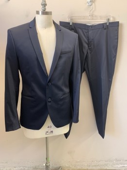 ZARA MAN, Navy Blue, Polyester, Elastane, Solid, Peak Satin Lapel, Single Breasted, Button Front, 2 Buttons, 3 Pockets, Double Back Vent