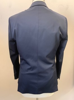 ZARA MAN, Navy Blue, Polyester, Elastane, Solid, Peak Satin Lapel, Single Breasted, Button Front, 2 Buttons, 3 Pockets, Double Back Vent