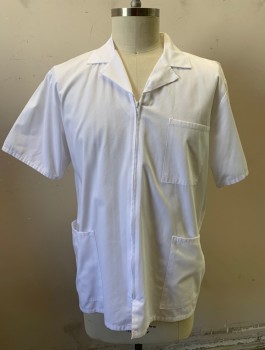 CHEROKEE, White, Cotton, Polyester, Solid, Short Sleeves, Zip Front, Notched Collar, 3 Patch Pocketsfc072463