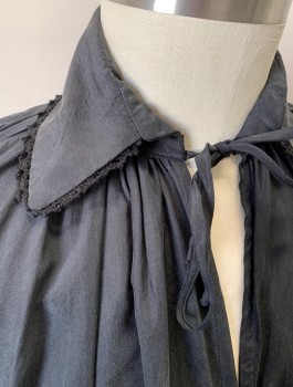 N/L MTO, Black, Rayon, Solid, Blousy Pirate Shirt, Long Sleeves, Pullover, Collar Attached, V Notch with Self Ties at Neck, Crochet Lace Trim at Collar, Voluminous Sleeves with Ruffled Cuffs, Costume Historical 1500-1700ish Inspired