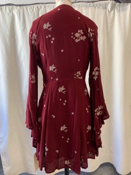 Womens, Dress, Long & 3/4 Sleeve, N/L, Wine Red, Rayon, Cotton, Floral, 2, V-neck, Long Bell Sleeves, A-Line Skirt, Pleated Skirt, Knee Length