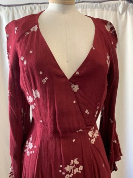 Womens, Dress, Long & 3/4 Sleeve, N/L, Wine Red, Rayon, Cotton, Floral, 2, V-neck, Long Bell Sleeves, A-Line Skirt, Pleated Skirt, Knee Length