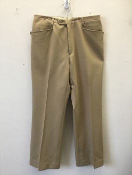 N/L, Beige, Polyester, Solid, Gabardine, F.F, Slight Boot Cut Leg, 1" Wide Self Waistband with Btn Tab, Slanted Front Pockets, Zip Fly, 3 Pockets,