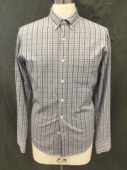 J. CREW, Gray, Navy Blue, Blue, Cotton, Plaid, Button Front,  Collar Attached, Long Sleeves, Button Cuff, 1 Pocket, Button Down Collar