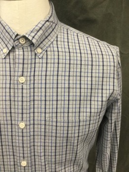 J. CREW, Gray, Navy Blue, Blue, Cotton, Plaid, Button Front,  Collar Attached, Long Sleeves, Button Cuff, 1 Pocket, Button Down Collar