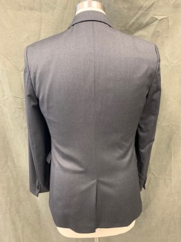 HUGO BOSS, Charcoal Gray, Wool, Heathered, Single Breasted, Collar Attached, Notched Lapel, 2 Buttons, 3 Pockets