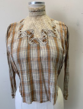 N/L, Caramel Brown, Beige, Black, Ecru, Cotton, Plaid, Long Sleeves, High Standing Neckline with Ecru Lace Panel, Self Covered Decorative Buttons, Pleats at Waist and Shoulders, Hook & Eye Closures in Back, **Mended Throughout