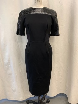 VICTORIA BECKHAM, Black, Leather, Spandex, Solid, Reptile/Snakeskin, Round Neck, S/S, Faux Reptile Yoke, 2 Way Zipper Center Back, Body Contour, Below Knee, Sexy