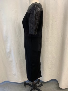Womens, Cocktail Dress, VICTORIA BECKHAM, Black, Leather, Spandex, Solid, Reptile/Snakeskin, Sz.10, Round Neck, S/S, Faux Reptile Yoke, 2 Way Zipper Center Back, Body Contour, Below Knee, Sexy
