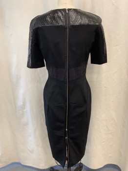 VICTORIA BECKHAM, Black, Leather, Spandex, Solid, Reptile/Snakeskin, Round Neck, S/S, Faux Reptile Yoke, 2 Way Zipper Center Back, Body Contour, Below Knee, Sexy