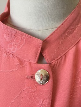 CITRON, Salmon Pink, Silk, Asian Inspired Theme, Medallion Pattern, Self Asian Inspired Medallion Texture, 3/4 Sleeves, Button Front, Mandarin Collar