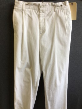 N/L, White, Cotton, Solid, Single Pleated Front, 3 Pockets,