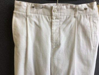 N/L, White, Cotton, Solid, Single Pleated Front, 3 Pockets,