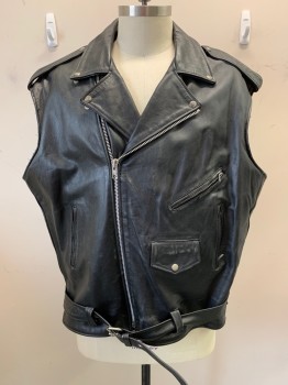 Mens, Leather Vest, XELEMENT , Black, Leather, Polyester, Solid, 62, (aged/distressed) Black Leather, Black Quilt Lining, Motorcycle Style, Collar Attached with Silver Snap, Epaulettes, Off Side Zip Front, 4 Pockets, Belt Front Bottom with Metal Buckle,