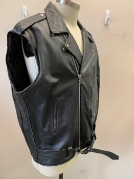 Mens, Leather Vest, XELEMENT , Black, Leather, Polyester, Solid, 62, (aged/distressed) Black Leather, Black Quilt Lining, Motorcycle Style, Collar Attached with Silver Snap, Epaulettes, Off Side Zip Front, 4 Pockets, Belt Front Bottom with Metal Buckle,
