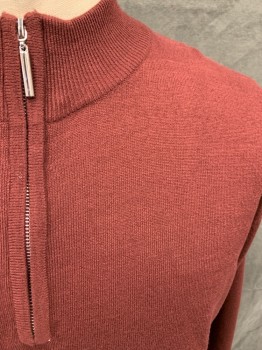 STACY ADAMS, Maroon Red, Acrylic, Solid, 1/2 Zip Front, Ribbed Knit High Collar, Long Sleeves, Ribbed Knit Cuff/Waistband