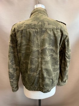 Mens, Casual Jacket, LEVI'S , Olive Green, Dk Olive Grn, Brown, Cotton, Camouflage, M, Stand Collar, Zip Front, & Snap Front, Long Sleeves, 4 Pockets, Epaulets, Gray Sherpa Lining