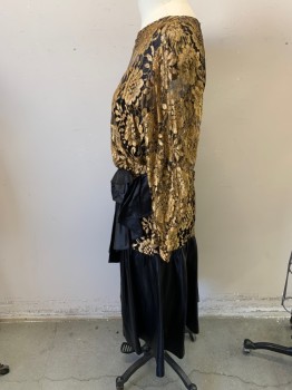NL, Tan Brown, Black, Synthetic, Floral, Solid, Knee Length, Long Sleeves, Lace Bodice, Bateau/Boat Neck, Zip Back, Satin Bow, Wrap Flounce Skirt, High Low Hem,