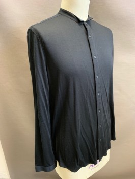 Mens, Casual Shirt, JOHN VARVATOS, Black, Wool, Solid, XL, Jersey, Long Sleeves, Button Front, Band Collar with Wingtip, Corded Piping Along Placket