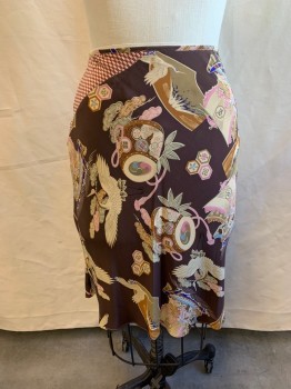 Womens, Skirt, Below Knee, WILLIAM B, Brown, Beige, Lt Pink, Black, Copper Metallic, Silk, Asian Inspired Theme, S, 3 Small Snap Closures, Crane with Large Ships Motif