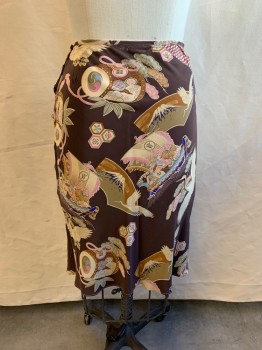 Womens, Skirt, Below Knee, WILLIAM B, Brown, Beige, Lt Pink, Black, Copper Metallic, Silk, Asian Inspired Theme, S, 3 Small Snap Closures, Crane with Large Ships Motif