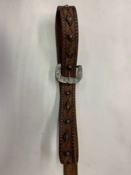 NO LABEL, Brown, Brass Metallic, Leather, Metallic/Metal, Diamonds, Diamond Pattern With Brass Studs, Pewter Buckle And End Tab, Extra Long Belt