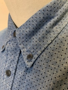 BROOKS BROTHERS, Denim Blue, Black, Cotton, Dots, Chambray with Black Dots, Long Sleeves, Button Front, Collar Attached, Button Down Collar, 1 Patch Pocket