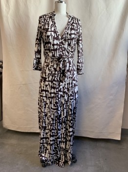 Womens, Dress, Long & 3/4 Sleeve, DVF, Dk Brown, White, Silk, Abstract , 12, Wrap Dress, Collar Attached, 3/4 Sleeve with Cuff, Self Attached Wrap Around Belt, Ankle Length