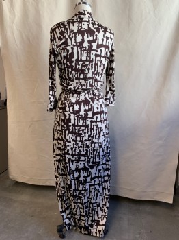 Womens, Dress, Long & 3/4 Sleeve, DVF, Dk Brown, White, Silk, Abstract , 12, Wrap Dress, Collar Attached, 3/4 Sleeve with Cuff, Self Attached Wrap Around Belt, Ankle Length