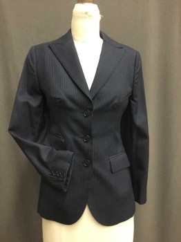 BROOKS BROTHERS, Navy Blue, Lt Blue, Wool, Lycra, Stripes, 3 Button Single Breasted, Peaked Lapel. 3 Pockets with Flaps