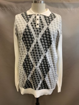 Mens, Pullover Sweater, PRESTIGE, White, Gray, Black, Acrylic, Houndstooth, 4XL, Polo Sweater, Collar Attached, 1/4 Button Front, Long Sleeves, Solid White Collar Sleeves, Waist & Back