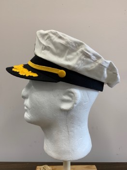 Unisex, Hat, Military Uniform, BRONER, White, Gold, Black, Cotton, OS, Navy Officer, Round Crown with Embroidery On Bill, Gold Band