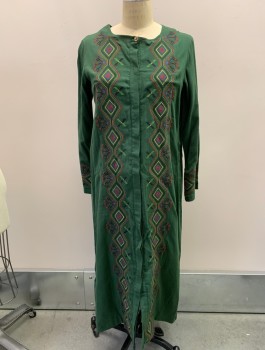 Womens, Dress, Long & 3/4 Sleeve, ODDBIRD, Green, Multi-color, Cotton, Solid, Geometric, B38, Round Neck,  L/S, Button Front, Hidden Button Placket, Gauze, Rainbow Colored Embroidery Front