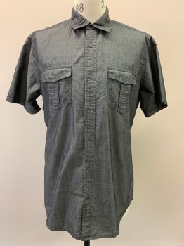 Mens, Casual Shirt, DD + C, Dk Gray, Black, Cotton, 2 Color Weave, L, S/S, Button Front, Collar Attached, Chest Pockets
