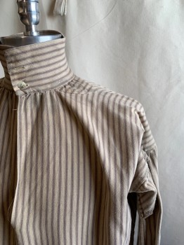 MTO, Sand, Brown, Cotton, Stripes - Vertical , Pullover, Stand Collar with 2 Buttons, Keyhole Front, Long Sleeves, Button Cuff (1 Button Missing), Side Seam Slits, Aged/Distressed