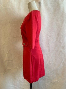 Womens, Dress, Short Sleeve, Trina Turk, Red, Cotton, Solid, 2, Short Sleeves, Zipper Back, 2 Gold Nautical Theme Buttons on Front