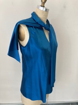 Womens, Top, KASPER, Teal Blue, Polyester, Spandex, M, V-N, Neck Tie Attached, Sleeveless, Pullover