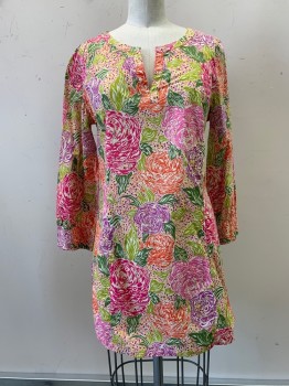 BROOKS BROTHERS, Magenta Pink, Lime Green, Purple, Red-Orange, Yellow, Cotton, Floral, Mosaic Pattern, L/S, V Neck, Straight Fit, Mini Side Slit