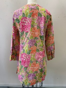 BROOKS BROTHERS, Magenta Pink, Lime Green, Purple, Red-Orange, Yellow, Cotton, Floral, Mosaic Pattern, L/S, V Neck, Straight Fit, Mini Side Slit