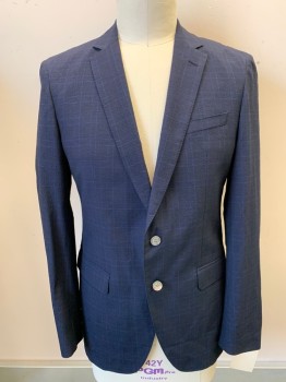 Mens, Sportcoat/Blazer, HUGO BOSS, Midnight Blue, Wool, Cotton, Plaid-  Windowpane, 42 L, Textured Fabric, Single Breasted, 2 Buttons,  Notched Lapel, 2 Pocket Flap,