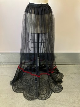 N/L, Black, Dots, Skirt Overlay, Cartridge Pleats At Waist, Lace, Red Velvet Band, Hook Closure, Made To Order