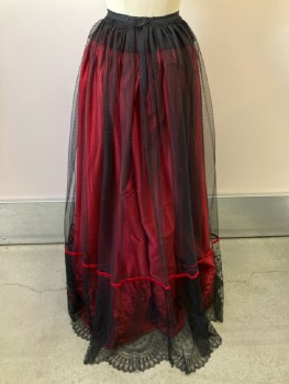 N/L, Black, Dots, Skirt Overlay, Cartridge Pleats At Waist, Lace, Red Velvet Band, Hook Closure, Made To Order