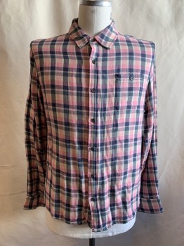 JOE'S, Pink, Faded Black, Lt Gray, Cotton, Plaid, Multiple Gauze Layers, Button Front, Collar Attached, 1 Pocket, Long Sleeves, Button Cuff